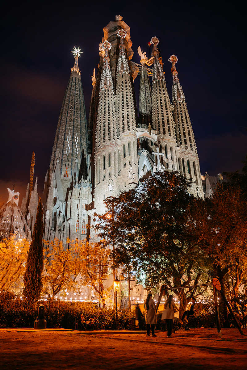Barcelona Sagrada Familia guided tour with tower access exterior at night